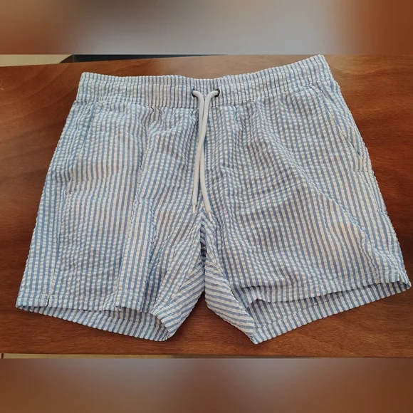 J Crew Swim Trunks Mens Medium Blue White Seersucker Lined 6" Shorts Surf Flex - Picture 2 of 12
